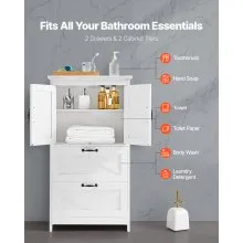 Wooden Bathroom Floor Cabinet Storage 2 Drawers and Adjustable Shelf White