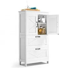 Wooden Bathroom Floor Cabinet Storage 2 Drawers and Adjustable Shelf White