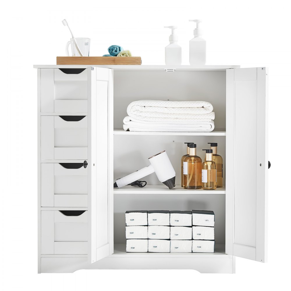 VEVOR Bathroom Floor Cabinet, 3-Tier, Wooden Storage Organizer with 2 Doors, 4 Drawers and Adjustable Shelf, Modern Home Furniture Freestanding Cupboard for Kitchen/Living Room/Entryway Use, White