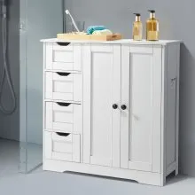 Wooden Bathroom Floor Cabinet Storage 4 Drawers and Adjustable Shelf White