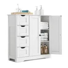 Wooden Bathroom Floor Cabinet Storage 4 Drawers and Adjustable Shelf White