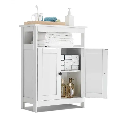 VEVOR Bathroom Floor Cabinet, 3-Tier, Wooden Storage Organizer with 2 Doors and Adjustable Shelf, Modern Bathroom Furniture Home Decor Freestanding Cupboard for Kitchen/Living Room/Entryway Use, White