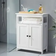 VEVOR Bathroom Floor Cabinet, 3-Tier, Wooden Storage Organizer with 2 Doors and Adjustable Shelf, Modern Bathroom Furniture Home Decor Freestanding Cupboard for Kitchen/Living Room/Entryway Use, White