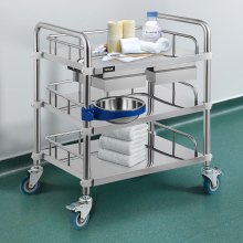 VEVOR Lab Cart 3 Layers Double Drawers Medical Cart with Wheels 1 Refuse Basin Stainless Steel Cart Service Cart for Laboratory, Hospital, Dental, Restaurant Hotel and Home Use (Large)