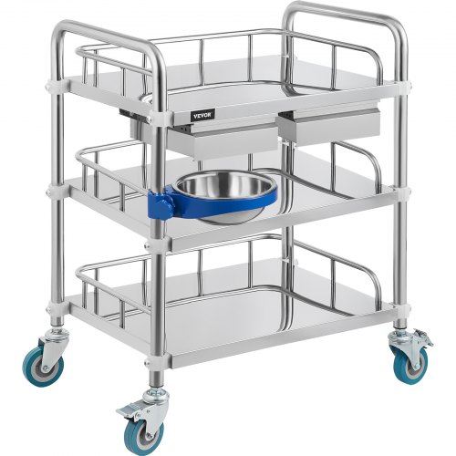 VEVOR Lab Cart 3 Layers Double Drawers Medical Cart with Wheels 1 Refuse Basin Stainless Steel Cart Service Cart for Laboratory, Hospital, Dental, Restaurant Hotel and Home Use (Medium)