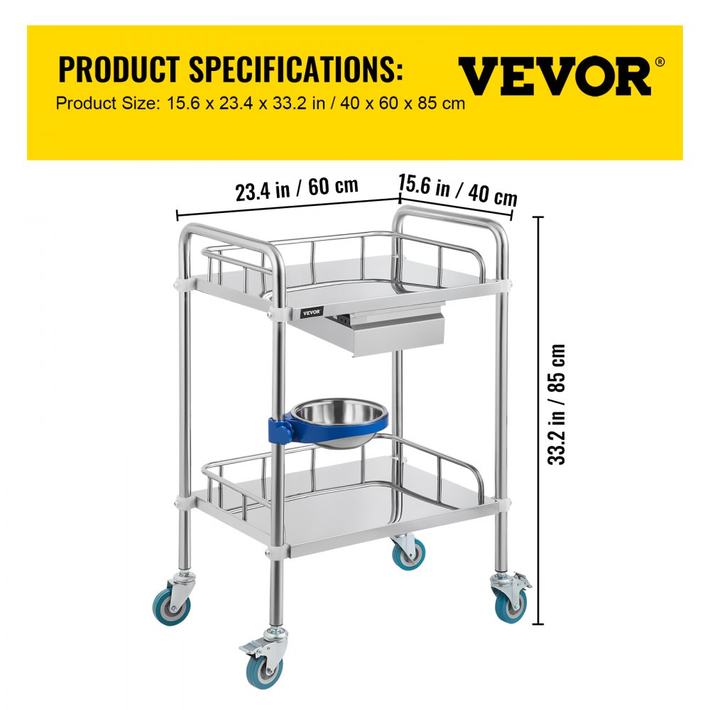 VEVOR Lab Cart 2 Layers Dental Cart with 1 Drawer Stainless Steel Cart 1 Refuse Basin Lab Utility Cart w/Silent Omnidirectional Wheels Stainless Utility Cart for Laboratory Hotel Restaurant Home Use