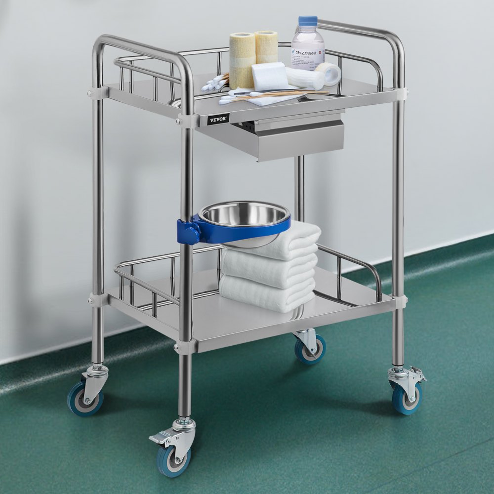 VEVOR Lab Cart 2 Layers Dental Cart with 1 Drawer Stainless Steel Cart 1 Refuse Basin Lab Utility Cart w/Silent Omnidirectional Wheels Stainless Utility Cart for Laboratory Hotel Restaurant Home Use