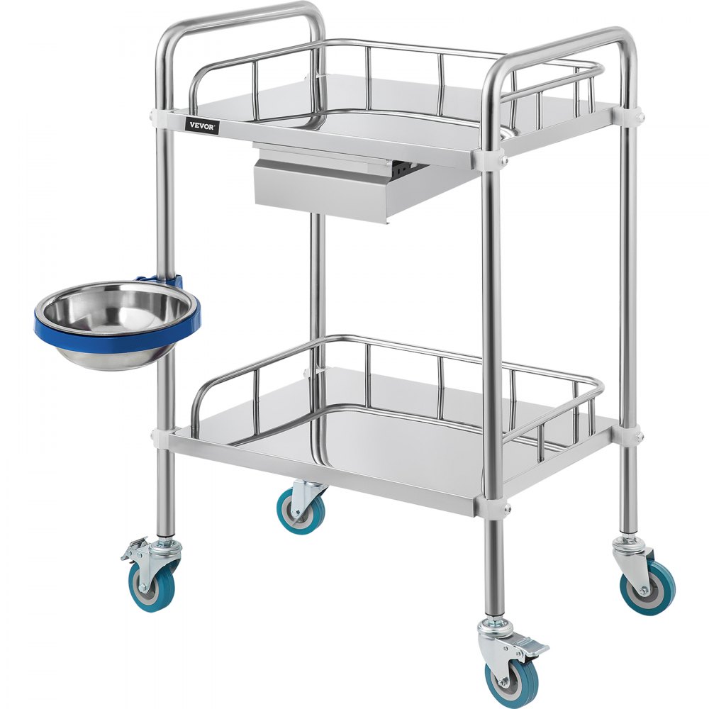 VEVOR Lab Cart 2 Layers Dental Cart with 1 Drawer Stainless Steel Cart 1 Refuse Basin Lab Utility Cart w/Silent Omnidirectional Wheels Stainless Utility Cart for Laboratory Hotel Restaurant Home Use