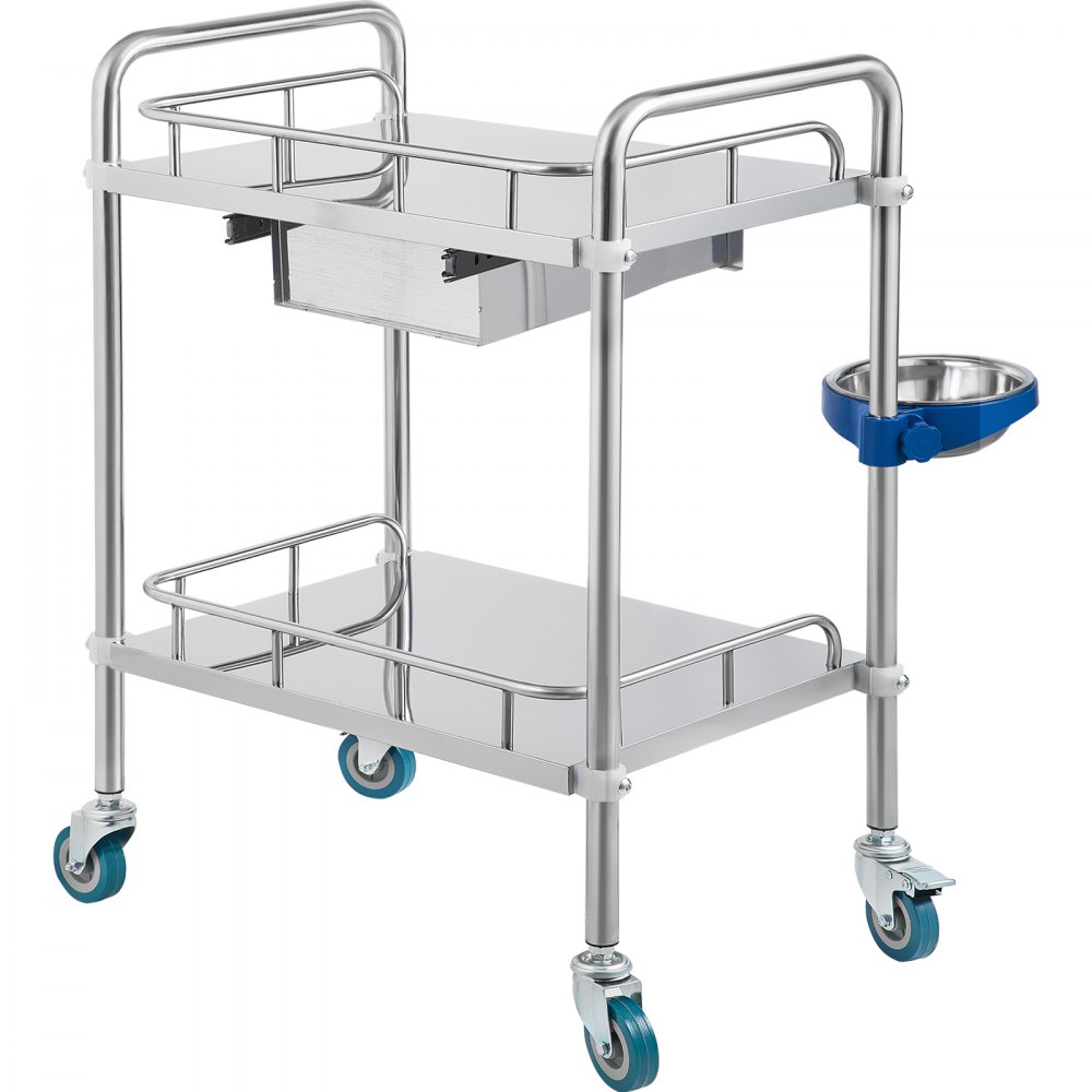 VEVOR Lab Cart 2 Layers Dental Cart with 1 Drawer Stainless Steel Cart 1 Refuse Basin Lab Utility Cart w/Silent Omnidirectional Wheels Stainless Utility Cart for Laboratory Hotel Restaurant Home Use