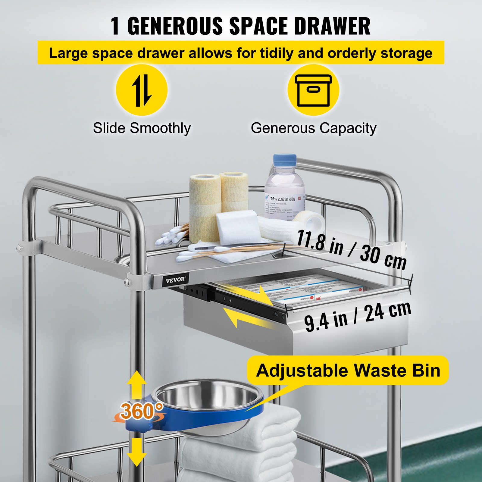 VEVOR Lab Cart 2 Layers Dental Cart with 1 Drawer Stainless Steel Cart 1 Refuse Basin Lab Utility Cart w/Silent Omnidirectional Wheels Stainless Utility Cart for Laboratory Hotel Restaurant Home Use