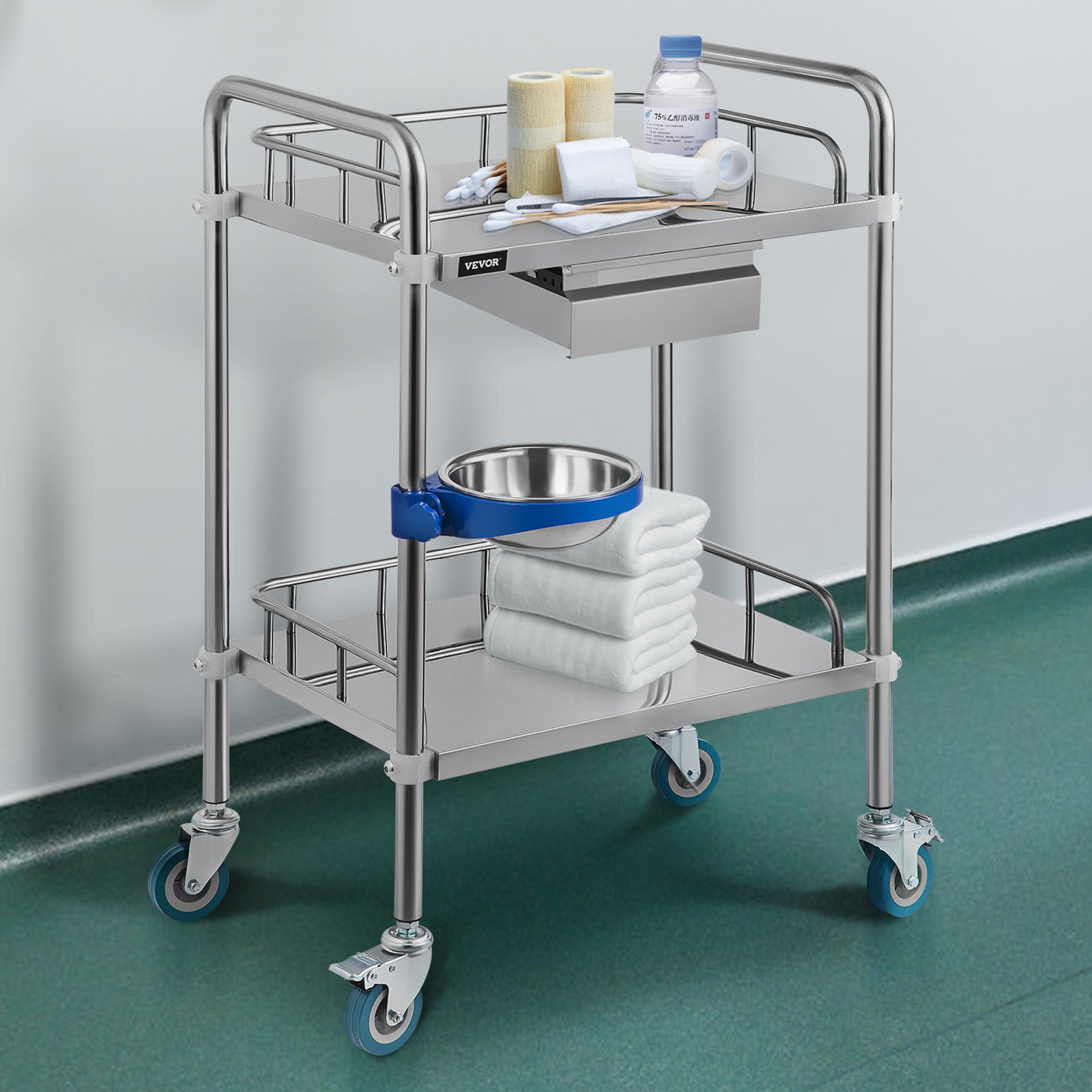 VEVOR Lab Cart 2 Layers Dental Cart with 1 Drawer Stainless Steel Cart 1 Refuse Basin Lab Utility Cart w/Silent Omnidirectional Wheels Stainless Utility Cart for Laboratory Hotel Restaurant Home Use