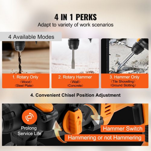 VEVOR Rotary Hammer Drill Corded Drills 1" 4 Modes SDS-Plus Chipping Hammers