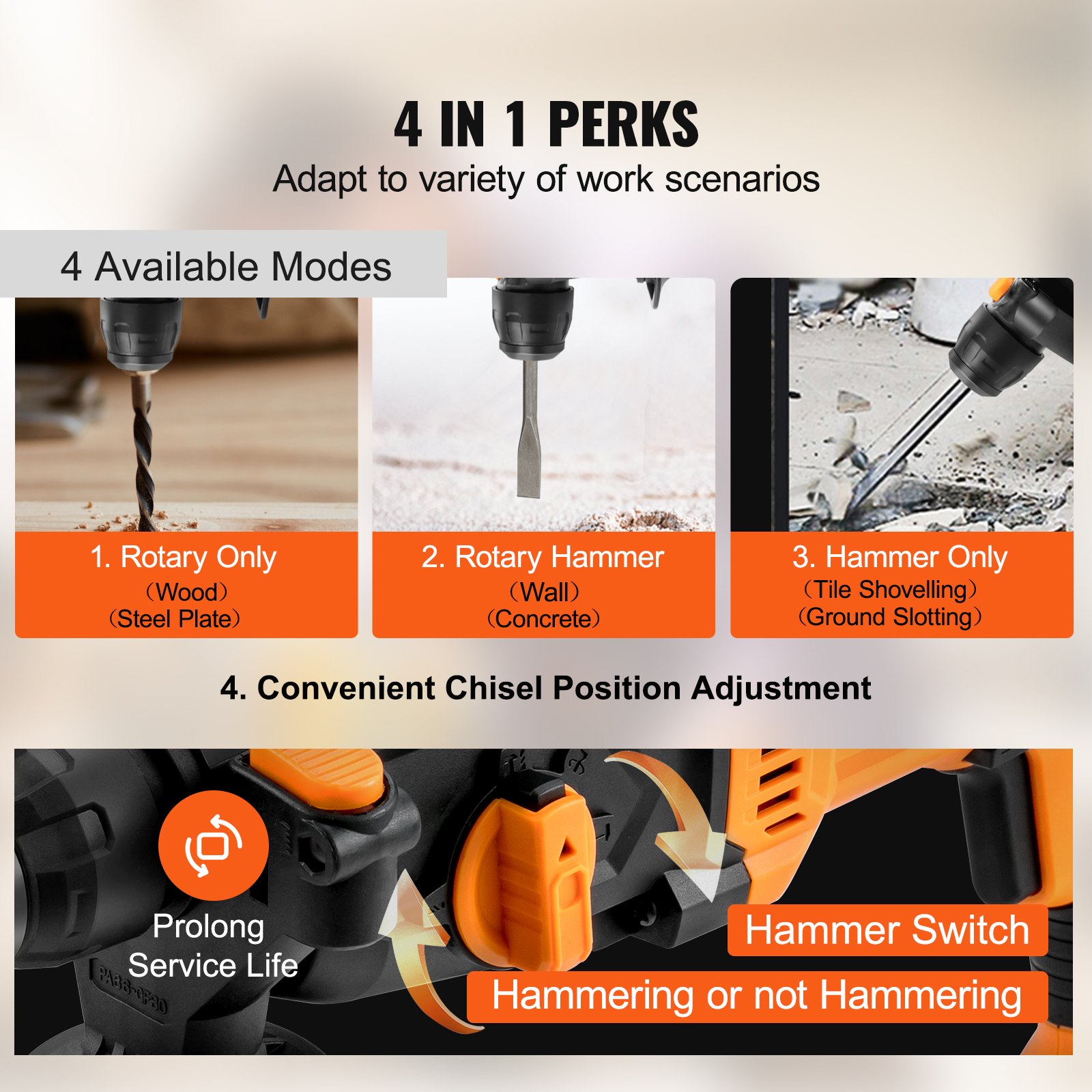 VEVOR 1 Inch SDS-Plus Rotary Hammer Drill, 8 Amp Corded Drills, Heavy Duty Chipping Hammers with Safety Clutch, Electric Demolition Hammers, Taladro Rotomartillo, Power Tool For Concrete