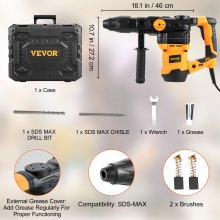 VEVOR 1-9/16 Inch SDS-Max Rotary Hammer Drill, 13Amp Corded Drills, Heavy Duty Chipping Hammers with Vibration Control & Safety Clutch, Electric Demolition Hammers Variable Speed, Power Tool For Concr