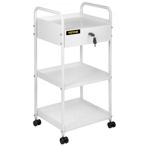 VEVOR Lab Cart, 3 Tiers Lab Trolley, Steel Lab Utility Cart, 360° Rolling Lab Cart, Locking Drawer Stainless Steel Lab Cart, Iron Frame Laboratory Cart, White Paint Lab Serving Cart for Laboratory