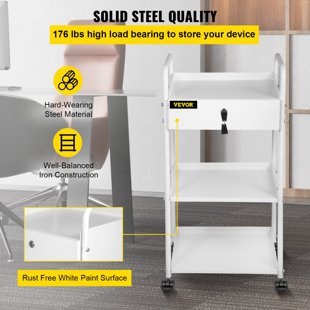 VEVOR Lab Cart, 3 Tiers Lab Trolley, Steel Lab Utility Cart, 360° Rolling Lab Cart, Locking Drawer Stainless Steel Lab Cart, Iron Frame Laboratory Cart, White Paint Lab Serving Cart for Laboratory