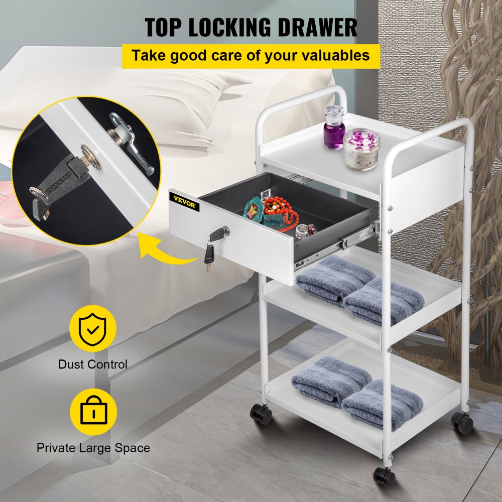 VEVOR Lab Cart, 3 Tiers Lab Trolley, Steel Lab Utility Cart, 360° Rolling Lab Cart, Locking Drawer Stainless Steel Lab Cart, Iron Frame Laboratory Cart, White Paint Lab Serving Cart for Laboratory