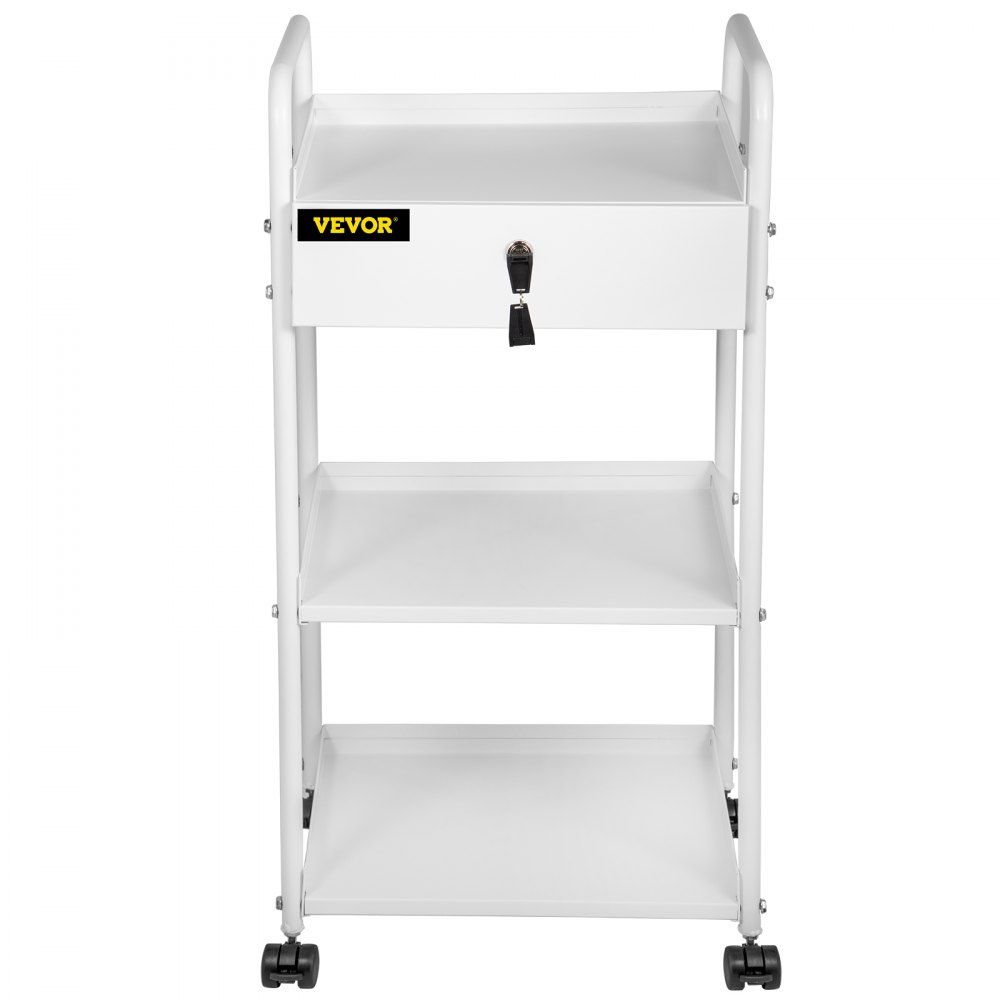 VEVOR Lab Cart, 3 Tiers Lab Trolley, Steel Lab Utility Cart, 360° Rolling Lab Cart, Locking Drawer Stainless Steel Lab Cart, Iron Frame Laboratory Cart, White Paint Lab Serving Cart for Laboratory
