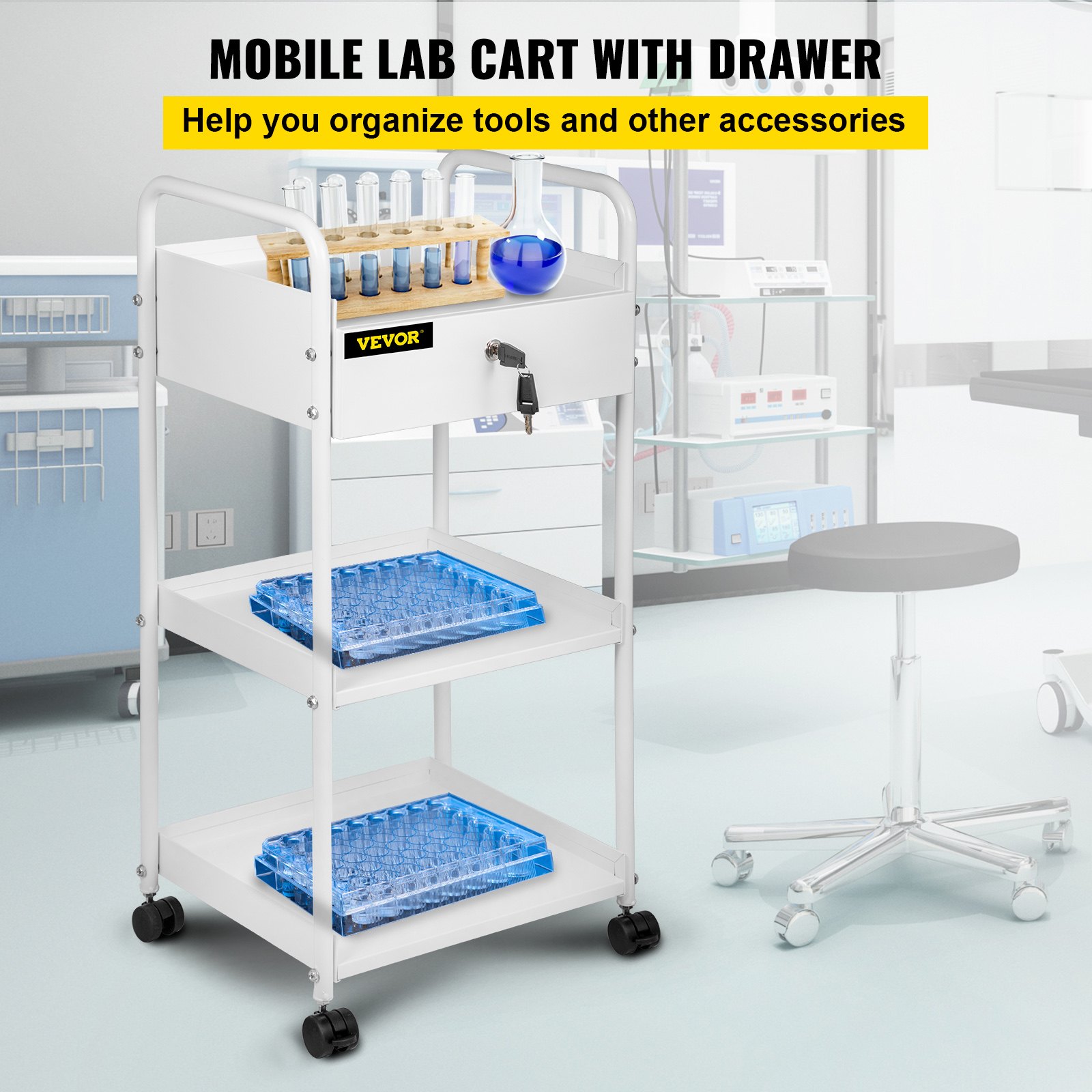 VEVOR Lab Cart, 3 Tiers Lab Trolley, Steel Lab Utility Cart, 360° Rolling Lab Cart, Locking Drawer Stainless Steel Lab Cart, Iron Frame Laboratory Cart, White Paint Lab Serving Cart for Laboratory