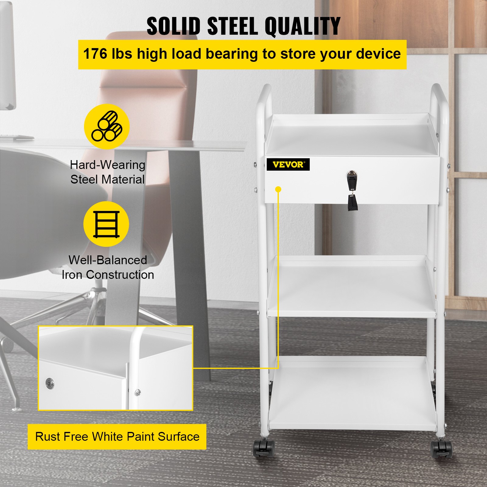 VEVOR Lab Cart, 3 Tiers Lab Trolley, Steel Lab Utility Cart, 360° Rolling Lab Cart, Locking Drawer Stainless Steel Lab Cart, Iron Frame Laboratory Cart, White Paint Lab Serving Cart for Laboratory