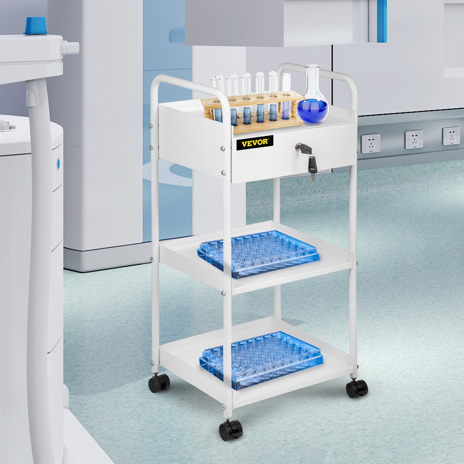 VEVOR Lab Cart, 3 Tiers Lab Trolley, Steel Lab Utility Cart, 360° Rolling Lab Cart, Locking Drawer Stainless Steel Lab Cart, Iron Frame Laboratory Cart, White Paint Lab Serving Cart for Laboratory
