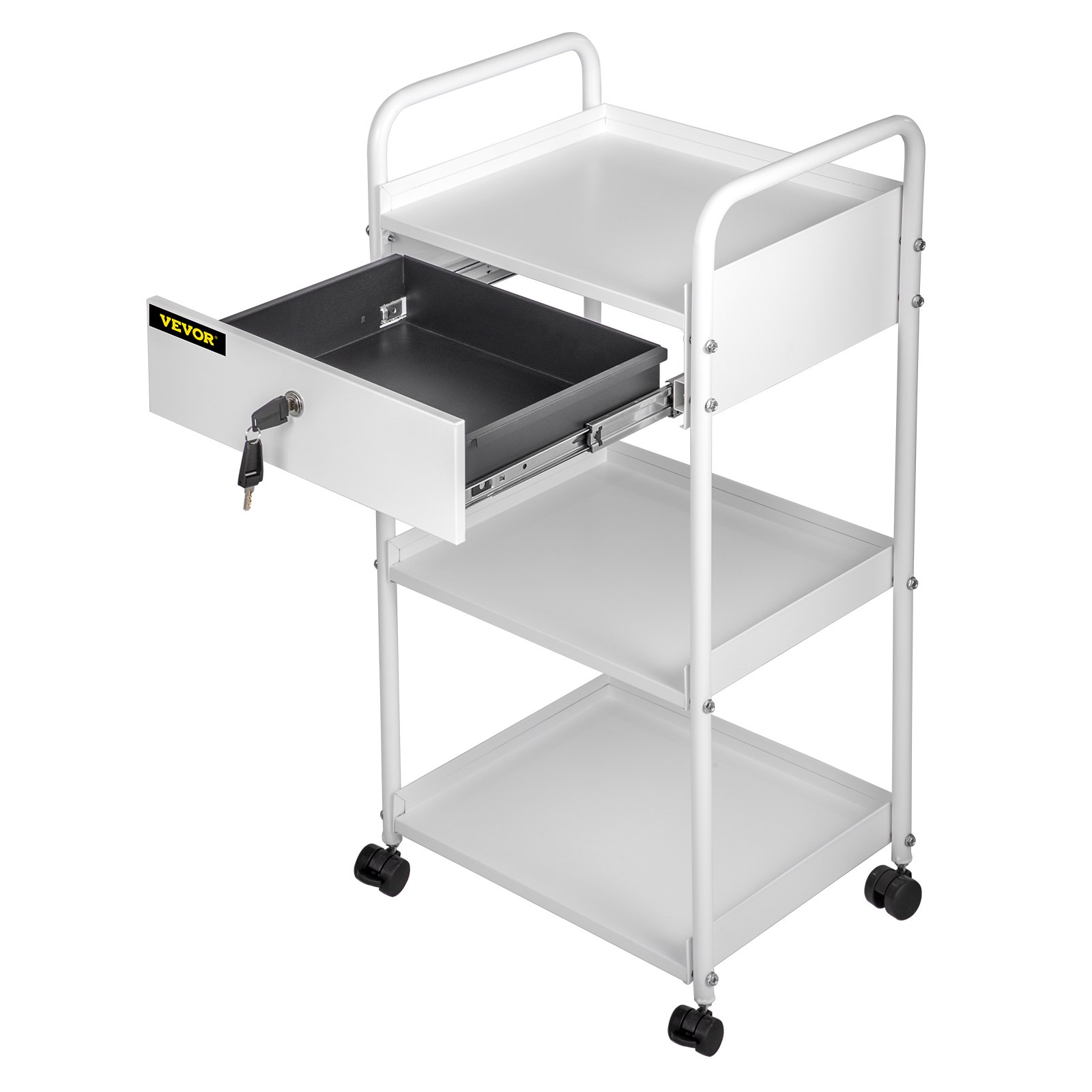 VEVOR Lab Cart, 3 Tiers Lab Trolley, Steel Lab Utility Cart, 360° Rolling Lab Cart, Locking Drawer Stainless Steel Lab Cart, Iron Frame Laboratory Cart, White Paint Lab Serving Cart for Laboratory