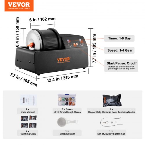 Rock Tumbler Set avec minuterie 1/2/4 jours, machine de polissage avec grains de polissage et 9 accessoires de bijoux, polisseuse à pierre précieuse