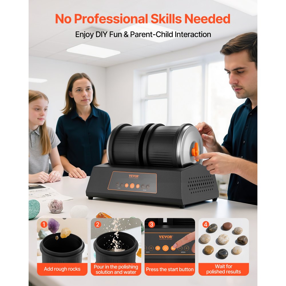VEVOR Rock Tumbler Kit, 8 lbs Rock Polishing Kit, 4 Speed Settings 9-Day Polishing Timer Stone Polishing Kit, Double Barrel Rock Polisher with Adapter, Rock Polisher for Adults and Kids