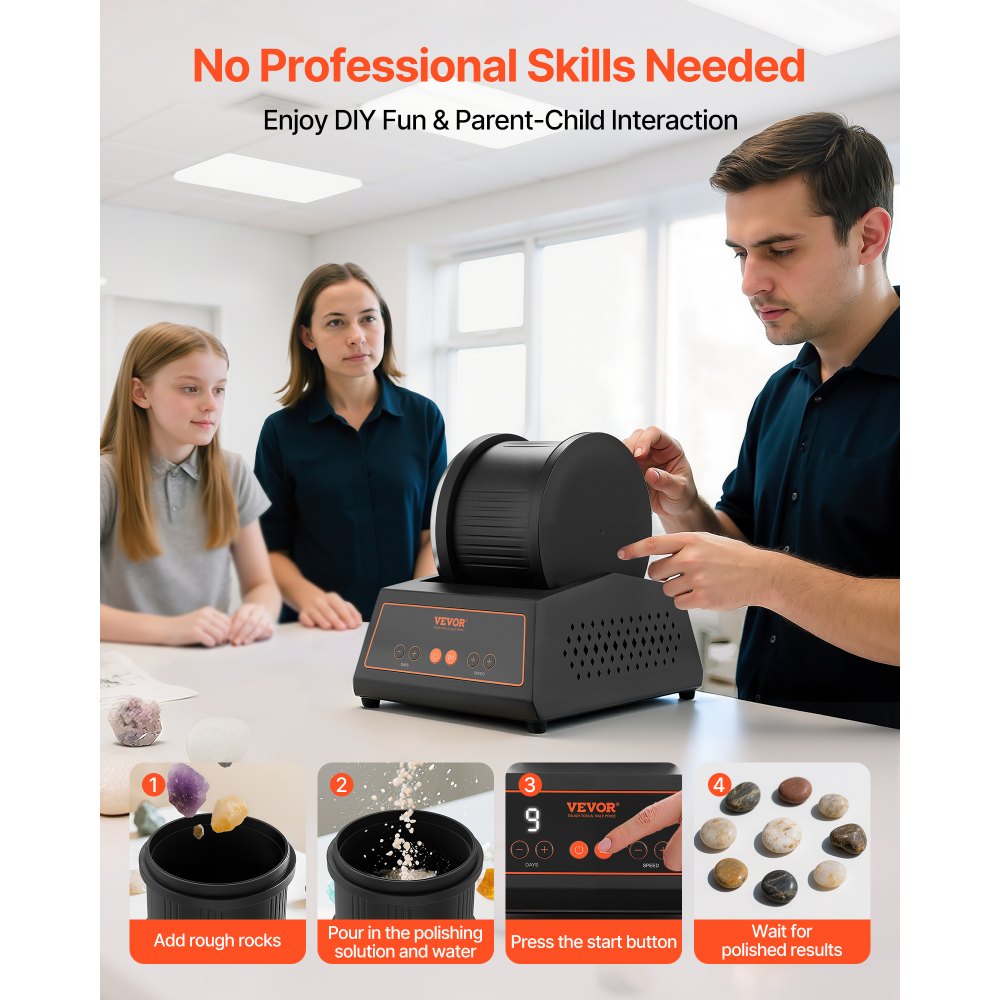 VEVOR Rock Tumbler Kit, 4lbs Rock Polishing Kit, 4 Speed Settings 9-Day Polishing Timer Stone Polishing Kit, Belt-Free Rock Polisher with Adapter & Overload Protection, Rock Polisher for Adults Kids