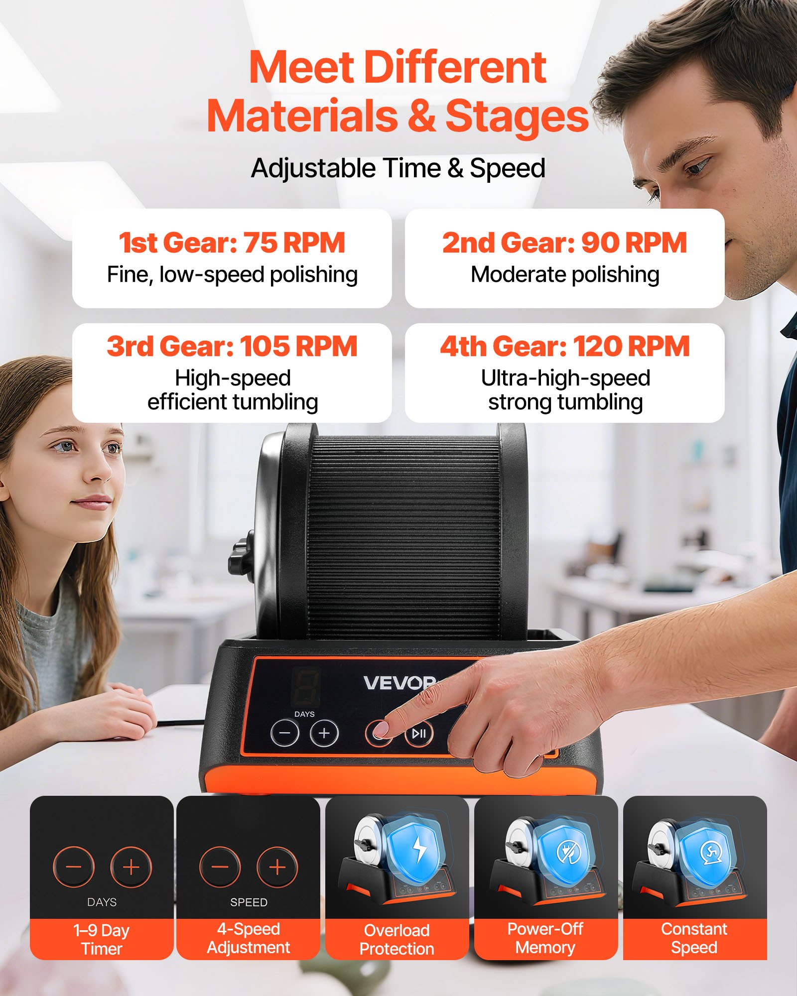 VEVOR Rock Tumbler Kit, 2 lbs Rock Polishing Kit, 4 Speed Settings 9-Day Polishing Timer Stone Polishing Kit, Rock Polisher with Rough Gemstones and Polishing Grits, Rock Polisher for Adults Kids