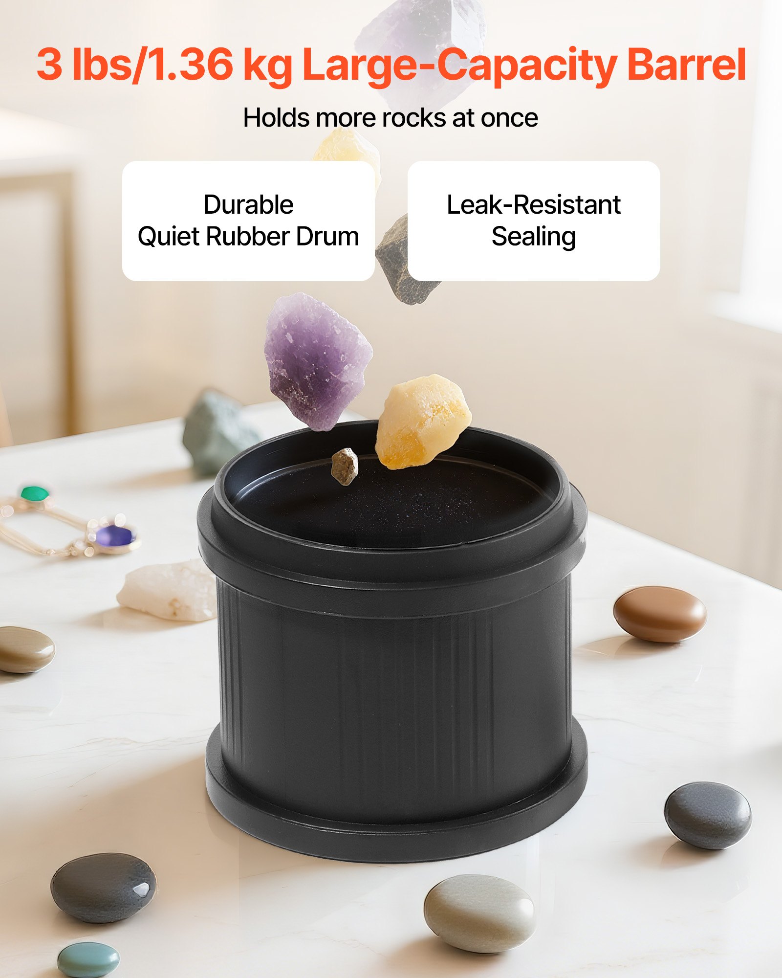 VEVOR Rock Tumbler, 3 lb Rock Polishing Machine, Rocks Tumbling Kit with 4-Speed Adjustment, 1–9 Day Timer, PC Sound Reduction Cover & TPU Drum, Direct Drive Motor Rocks Polishing, Quiet Operation
