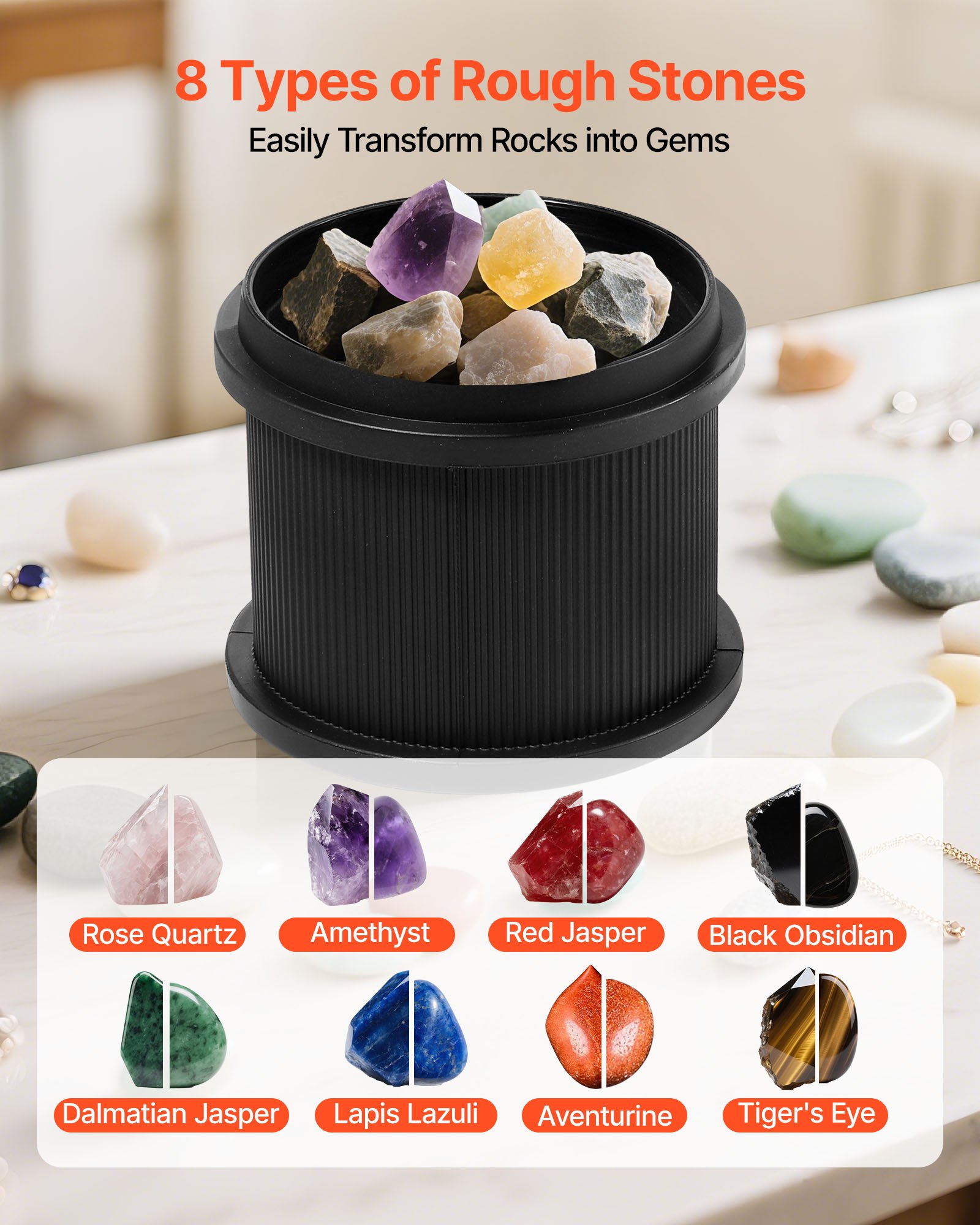 VEVOR Rock Tumbler, 0.45kg Rock Polishing Machine, Rocks Tumbling Kit with 4-Speed Adjustment, 1–9 Day Timer, Direct Drive Motor Rocks Polishing Kit for Rose Quartz, Amethyst, Red Jasper, Lapis Lazuli