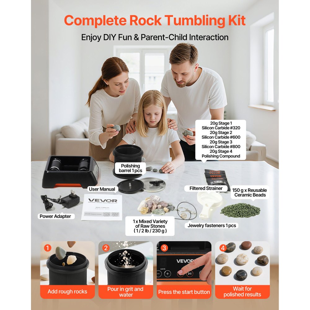 VEVOR Rock Tumbler, 1 lb Rock Polishing Machine, Rocks Tumbling Kit with 4-Speed Adjustment, 1–9 Day Timer, Direct Drive Motor Rocks Polishing Kit for Rose Quartz, Amethyst, Quiet Operation