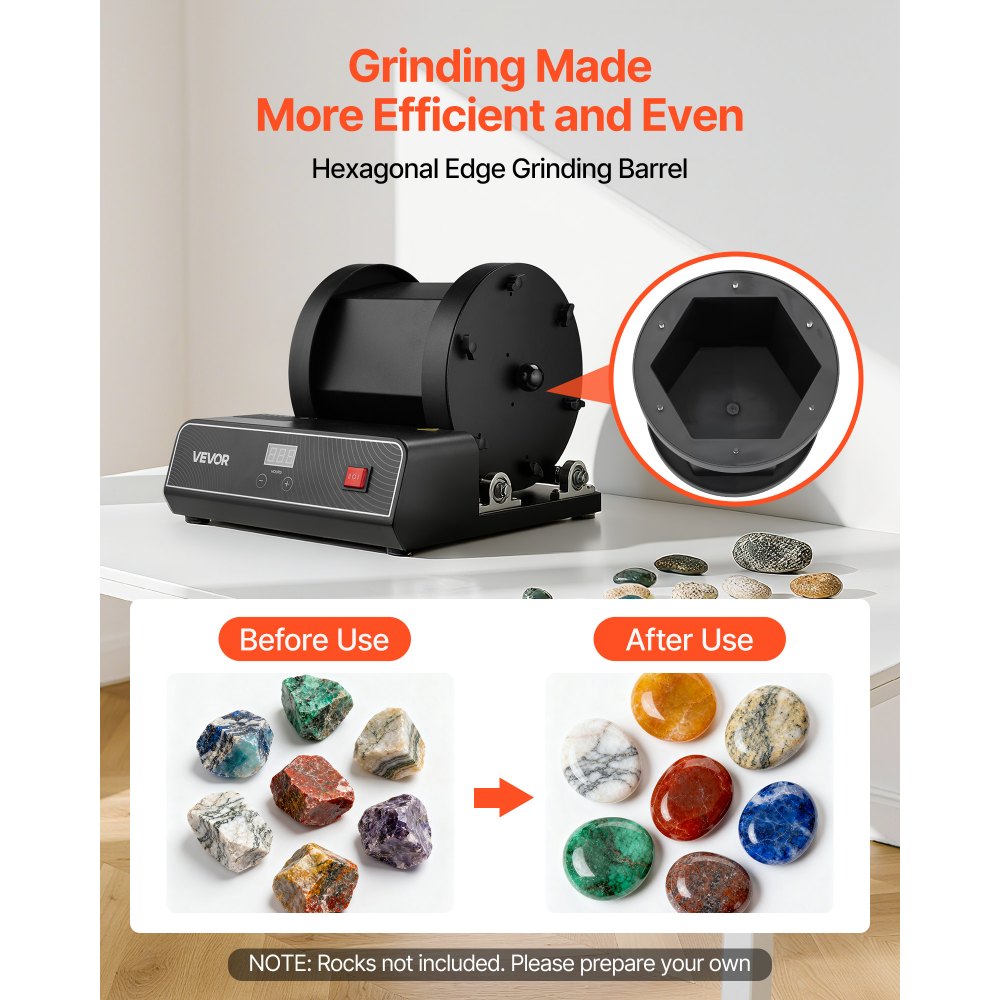VEVOR Rock Tumbler Kit, 17 lbs Rock Polishing Kit, 2-Speed Stone Polishing Kit with 240-Hour Polishing Timer, Rock Polisher with Belt-Driven Brushless Motor, Rock Polisher for Adults and Kids