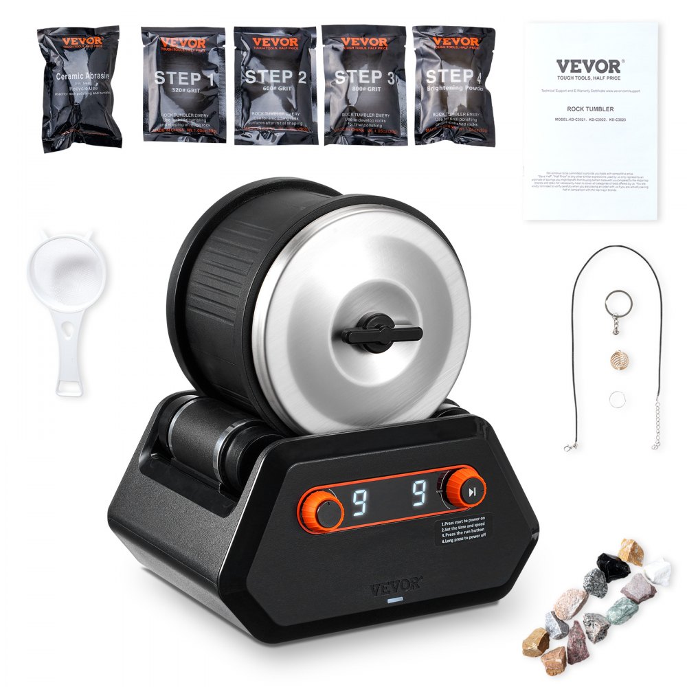 VEVOR Rock Tumbler Kit 4 lbs Rock Polisher 9 hastigheter 9-dagars timer med gryn