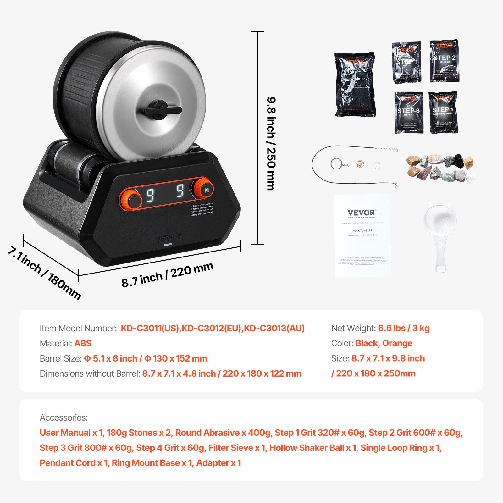 VEVOR Rock Tumbler Kit, 4 lbs Rock Polishing Kit, 9 Speed Settings 9-Day Polishing Timer Stone Polishing Kit, Rock Polisher with Rough Gemstones and Polishing Grits, Rock Polisher for Kids Adults