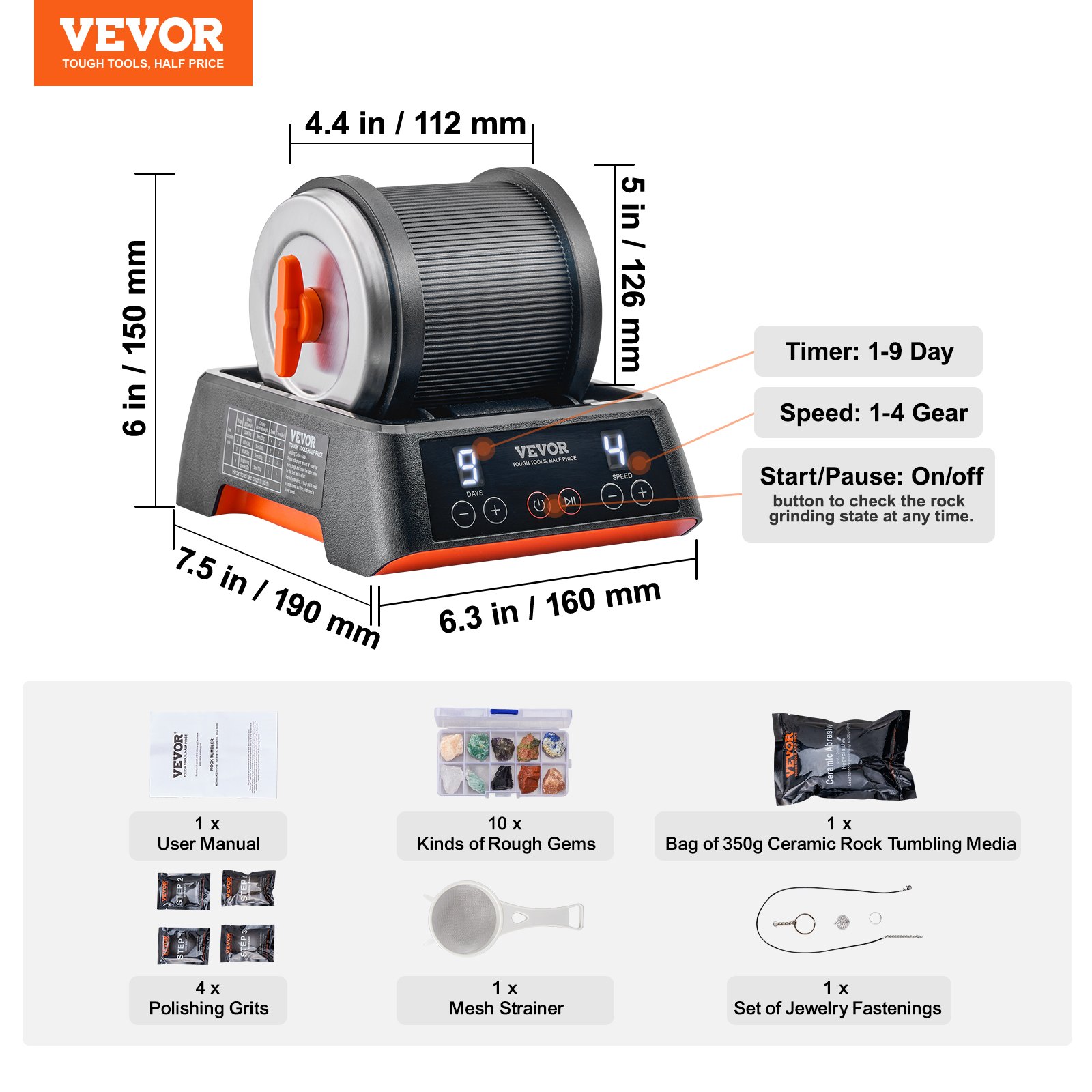 VEVOR Rock Tumbler Kit, Beltless Pro Stone Tumbler for Kids, 1lb Barrel/9-Day Timer/4 Speeds, Advanced Rock Polisher includes Rough Gemstones/Grits/Jewelry Fastenings/Learning Guide for All Ages