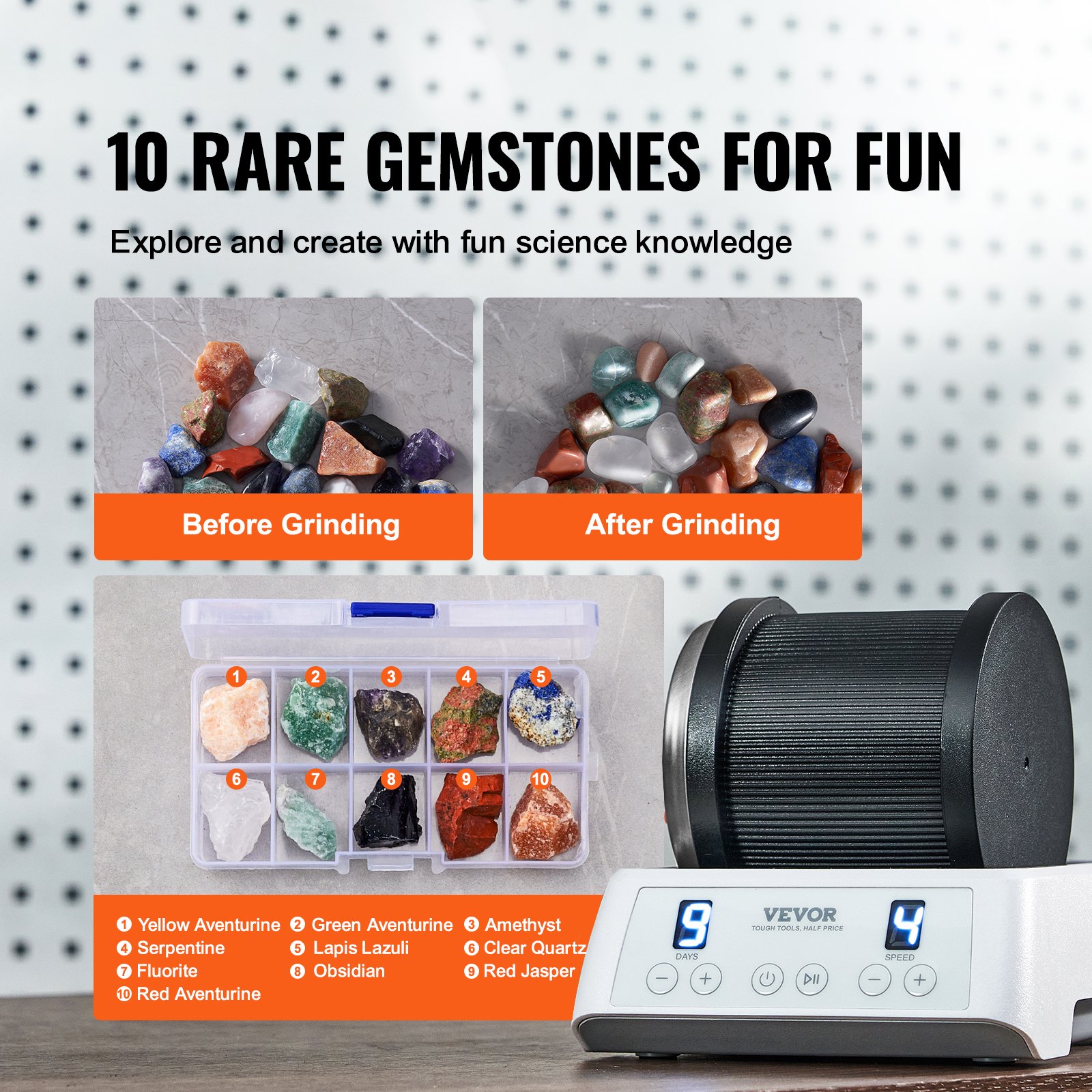 VEVOR Rock Tumbler Kit, Beltless Pro Stone Tumbler for Kids, 1lb Barrel/9-Day Timer/4 Speeds, Advanced Rock Polisher includes Rough Gemstones/Grits/Jewelry Fastenings/Learning Guide for All Ages