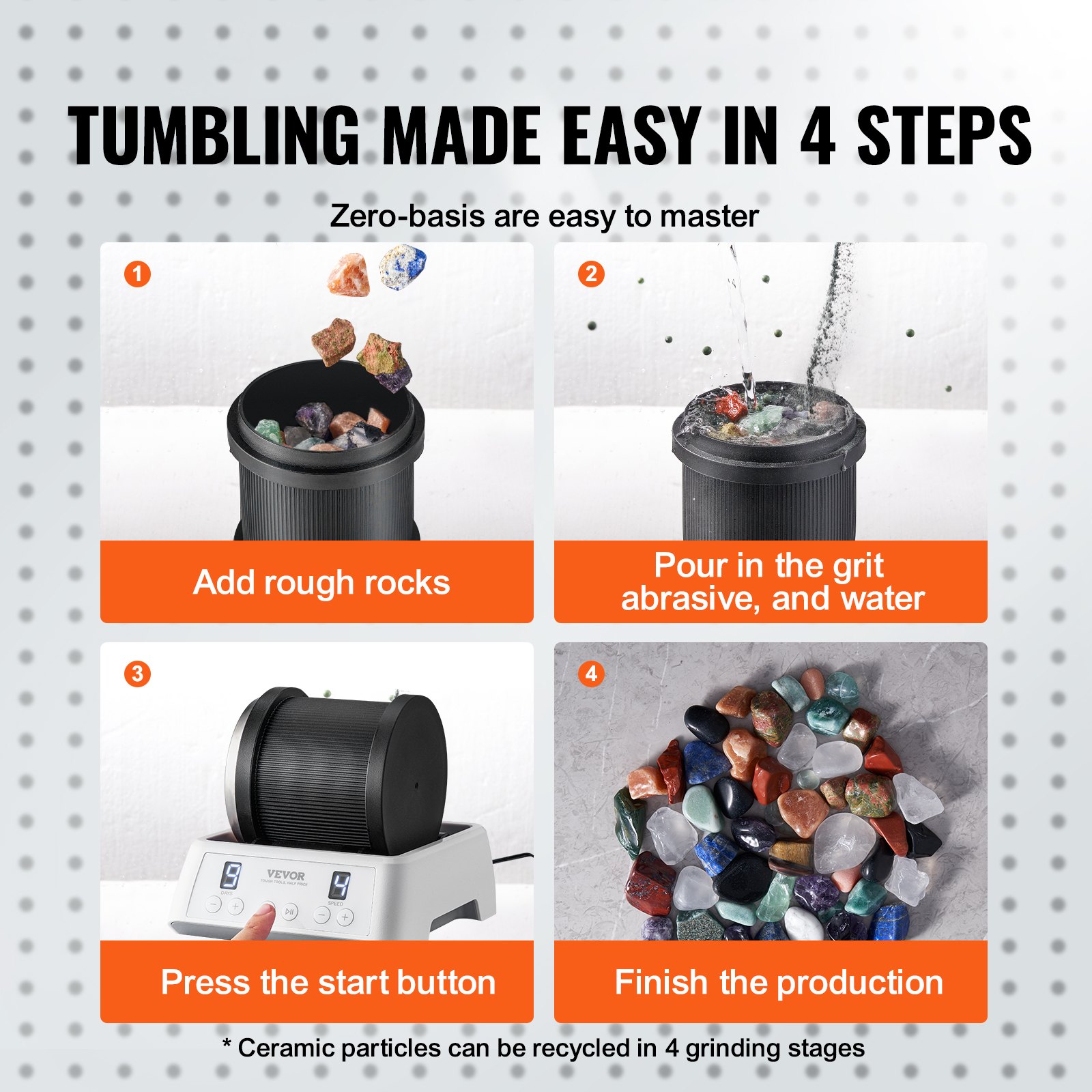 VEVOR Rock Tumbler Kit, Beltless Pro Stone Tumbler for Kids, 1lb Barrel/9-Day Timer/4 Speeds, Advanced Rock Polisher includes Rough Gemstones/Grits/Jewelry Fastenings/Learning Guide for All Ages
