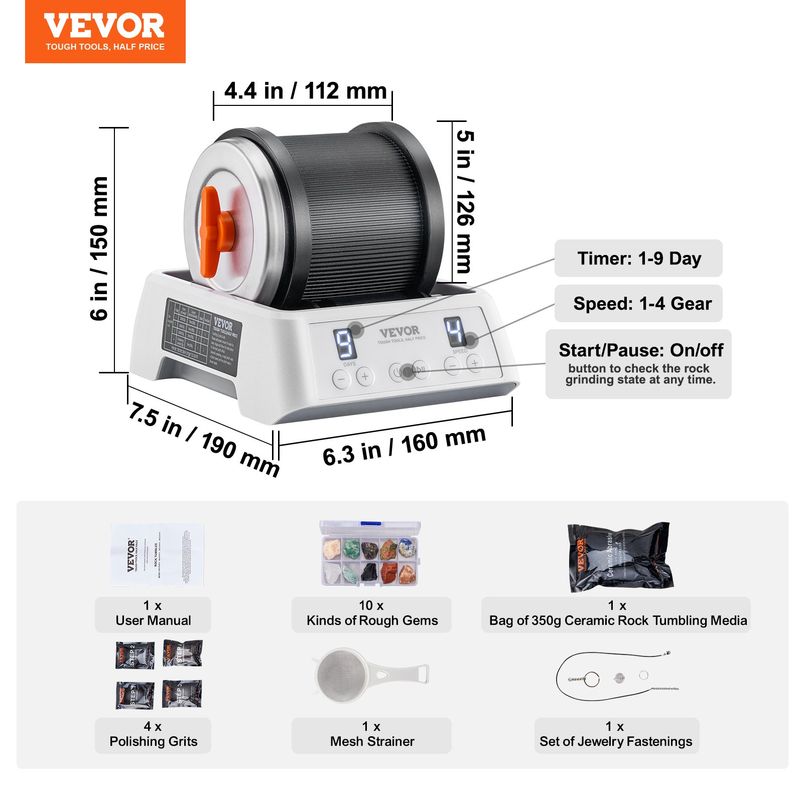 VEVOR Rock Tumbler Kit, Beltless Pro Stone Tumbler for Kids, 1lb Barrel/9-Day Timer/4 Speeds, Advanced Rock Polisher includes Rough Gemstones/Grits/Jewelry Fastenings/Learning Guide for All Ages