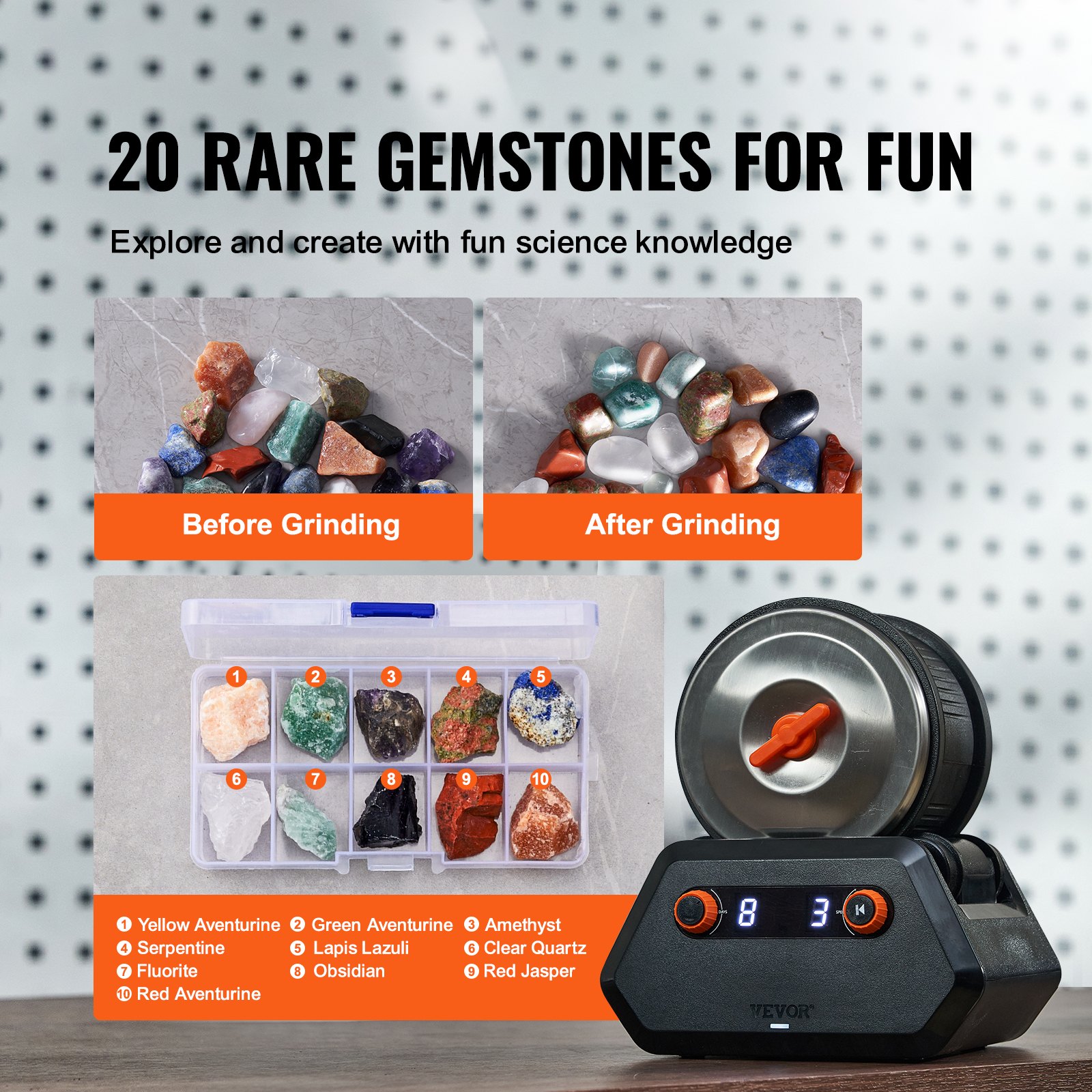 VEVOR 3LB Rock Tumbler Kit, Direct Drive Professional Rock Tumbler, 4-Speed/9-Day-Timer, Rock Polisher with Rough Gemstones/Grits/Jewelry Fastenings, Stone Polishing Kit for Adults Kids, STEM Gift