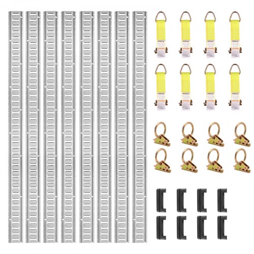 VEVOR E Track Tie-Down Rail Kit, 34PCS 5FT E-Tracks Set Includes 8 Steel Rails & 2 Single Slot & 8 O Rings & 8 Tie-Offs w/ D-Ring & 8 End Caps, Securing Accessories for Cargo, Motorcycles, and Bikes