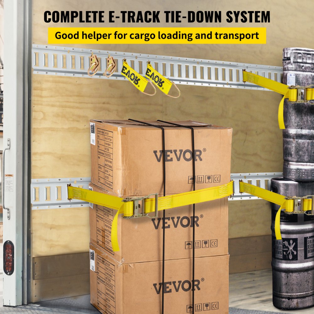 VEVOR E Track Tie-Down Rail Kit, 34PCS 152.4 cm E-Tracks Set Includes 8 Steel Rails & 2 Single Slot & 8 O Rings & 8 Tie-Offs w/ D-Ring & 8 End Caps, Securing Accessories for Cargo, Motorcycles, and Bikes