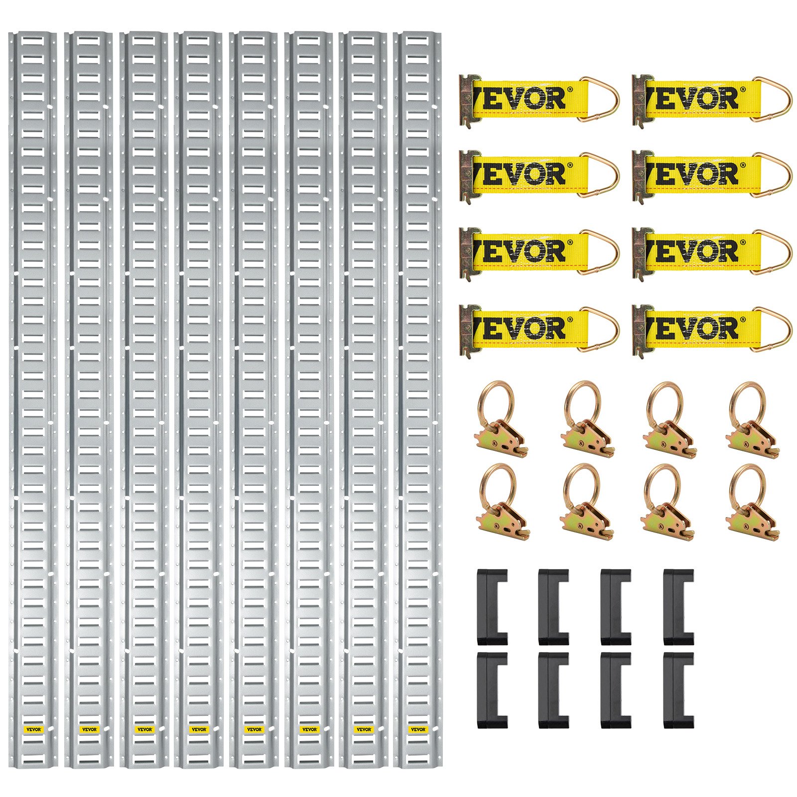 VEVOR E Track Tie-Down Rail Kit, 34PCS 152.4 cm E-Tracks Set Includes 8 Steel Rails & 2 Single Slot & 8 O Rings & 8 Tie-Offs w/ D-Ring & 8 End Caps, Securing Accessories for Cargo, Motorcycles, and Bikes