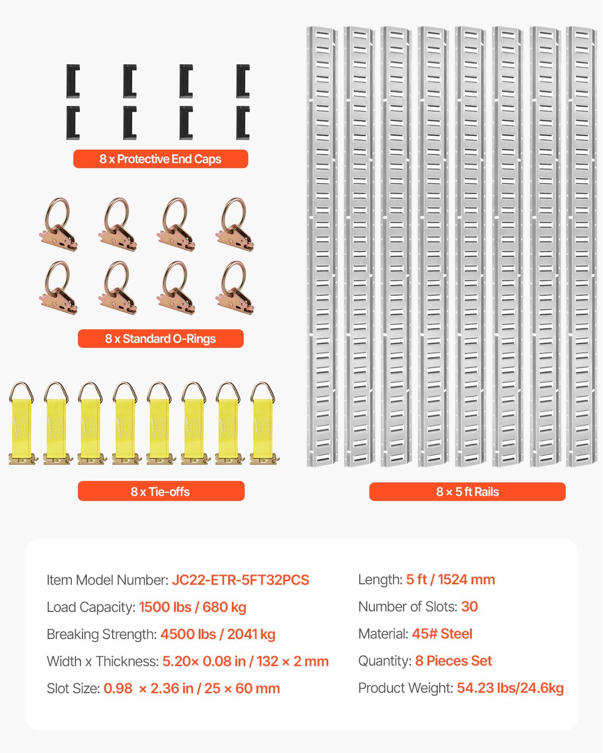 VEVOR E Track Tie-Down Rail Kit, 32PCS 1524 mm E-Tracks Set Includes 8 Steel Rails & 8 O-Rings & 8 Tie-Offs with D-Ring & 8 End Caps, Trailer Securing Accessories for Cargo Motorcycles Bikes, 680 kg