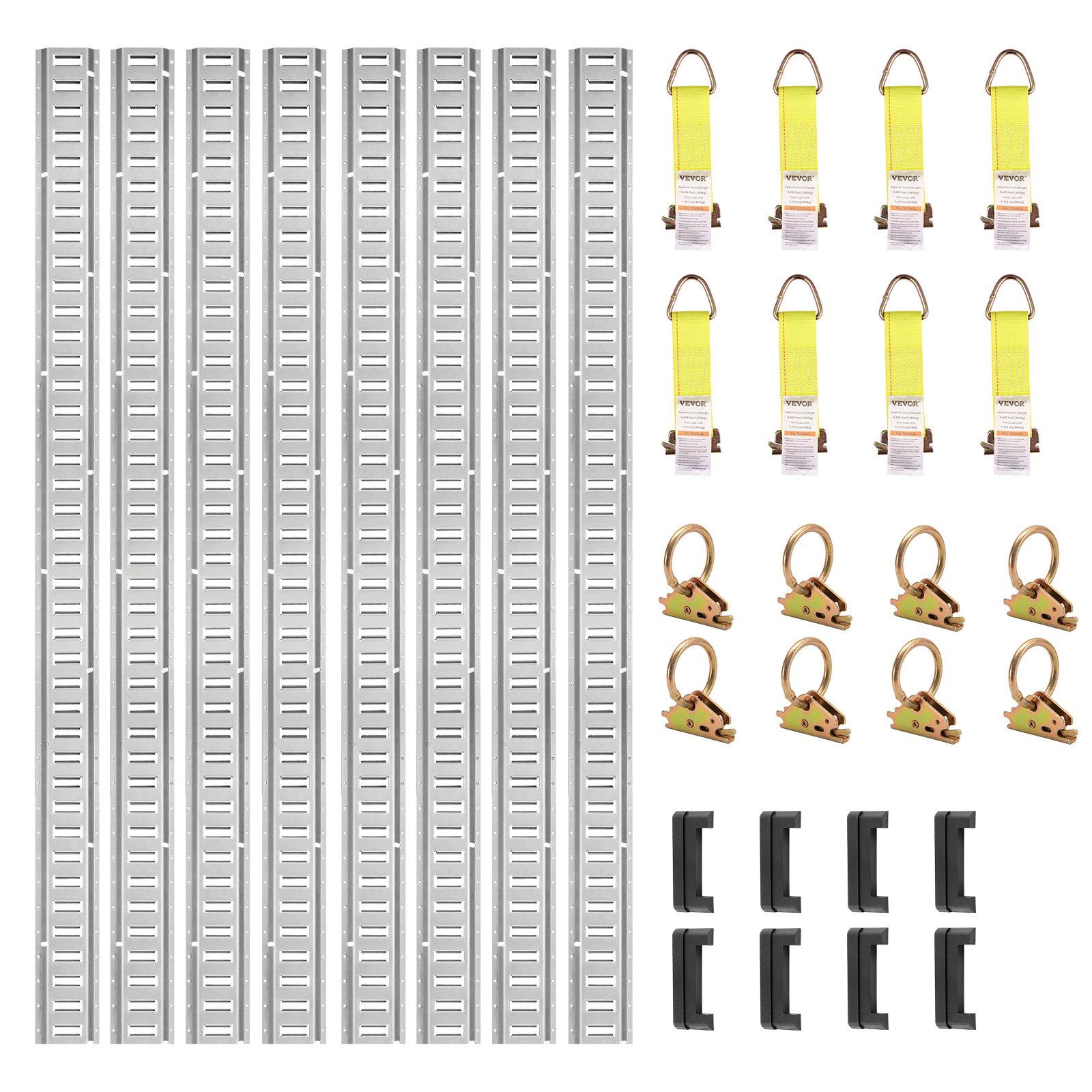 VEVOR e track tie-down rail kit with rails, yellow straps, d-ring anchors, and black end caps.