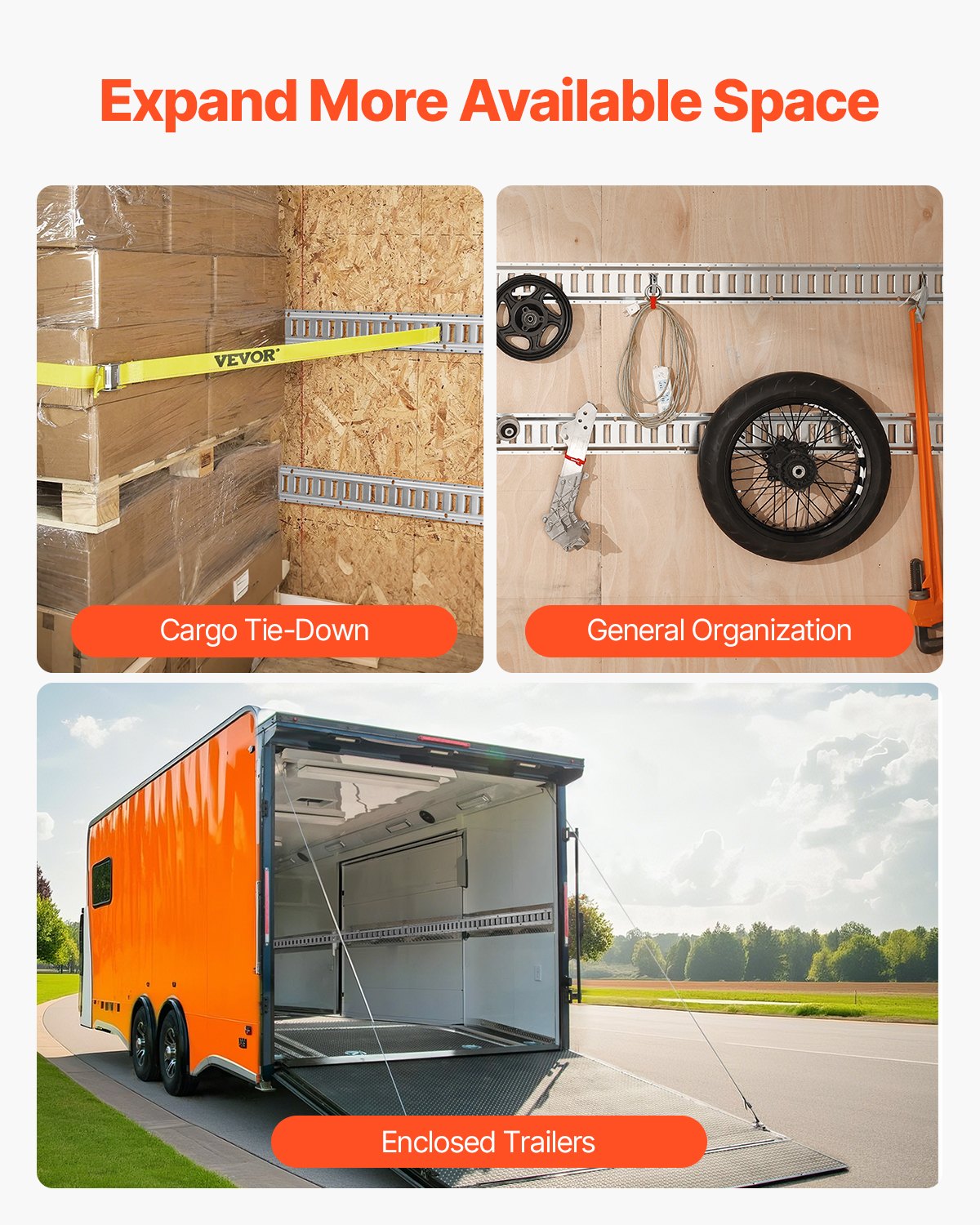 VEVOR E Track Tie-Down Rail Kit, 32PCS 5' E-Tracks Set Includes 8 Steel Rails & 8 O-Rings & 8 Tie-Offs with D-Ring & 8 End Caps, Trailer Securing Accessories for Cargo Motorcycles Bikes, 1500 lbs Load