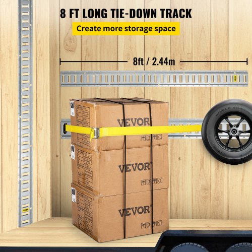 VEVOR E-Track Tie-Down Rail, 4PCS 8-FT Steel Rails w/ Standard 1"x2.5" Slots, Compatible with O and D Rings & Tie-Offs and Ratchet Straps & Hooked Chains, for Cargo and Heavy Equipment Securing