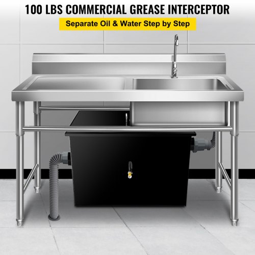 VEVOR Commercial Grease Interceptor, 100 LBS Capacity, Under Sink Grease Trap with 50 GPM Flow Rate, Coated Carbon Steel Grease Interceptor with Side Water Inlet, for Restaurant Factory Kitchen, Black