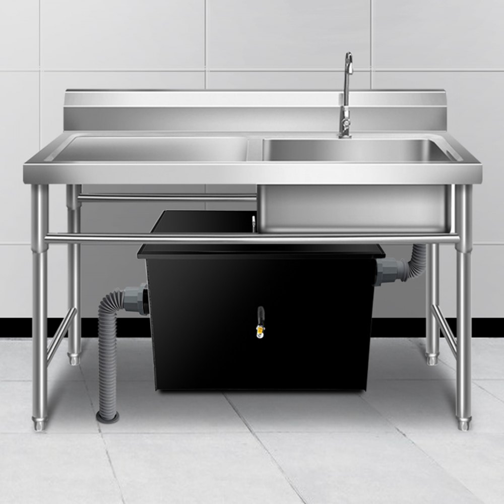 VEVOR Commercial Grease Interceptor, 100 LBS Capacity, Under Sink Grease Trap with 50 GPM Flow Rate, Coated Carbon Steel Grease Interceptor with Side Water Inlet, for Restaurant Factory Kitchen, Black